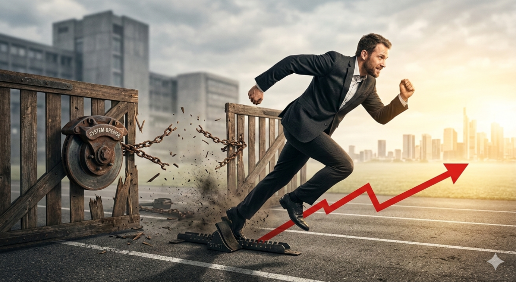Ein Mann bricht aus einer mechanischen System-Bremse aus und startet aus einem Startblock in Richtung unternehmerische Freiheit – Symbol für das AVGS Gründungscoaching und den Geschäftsideen-Finder.