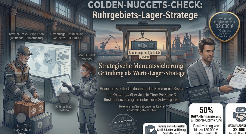 Strategische Transfer-Matrix für die Existenzgründung als Logistik-Stratege im Ruhrgebiet mit Fokus auf kaufmännische Statik und AVGS-Förderung.