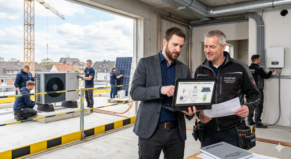 Ein IT-Digitalisierungsbegleiter und ein Handwerksmeister validieren am Laptop die Sektorenkopplung von Wärmepumpe und PV-Anlage; im Vordergrund das TONNIKUM®-AVM-Ticket für die fachliche Stellungnahme.