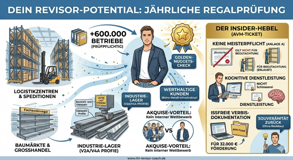 Transfer-Matrix für Metallbau-Experten: Kognitiver Wechsel von körperlicher Arbeit zur meisterfreien Regalprüfung nach DIN EN 15635 zur Existenzsicherung.