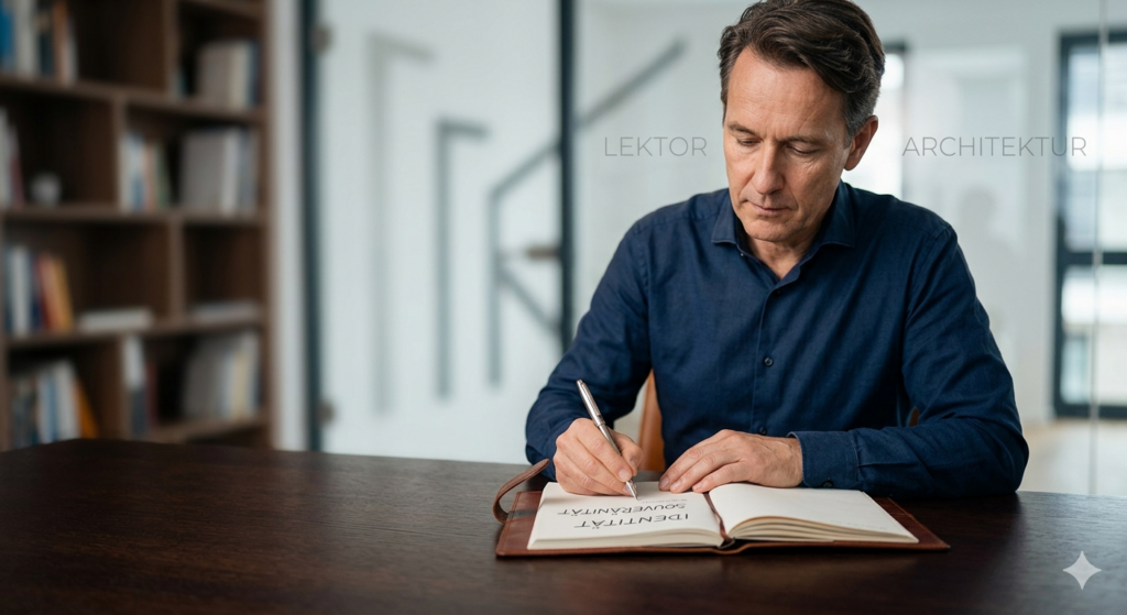 Ein konzentrierter Lektor bei der Arbeit an einer biografischen Dokumentations-Architektur zur Sicherung der unternehmerischen Souveränität.