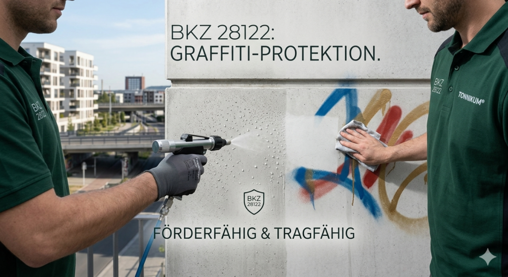 Fachkräfte bei der funktionalen Oberflächen-Veredelung und Graffiti-Protektion gemäß Spezial-Schnittstelle BKZ 28122 mit dem Prüfsiegel für Tragfähigkeit und Förderfähigkeit durch TONNIKUM®