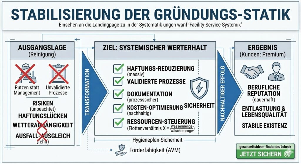 Infografik zur Stabilisierung der Gründungs-Statik im Bereich Facility-Service-Systemik und Hauswirtschaft mit dem Übergang von unvalidierten Prozessen hin zu prozesssicherer Dokumentation, Ressourcen-Steuerung über das Flottenverhältnis und behördlicher Förderfähigkeit durch den Arbeitsvermittler.