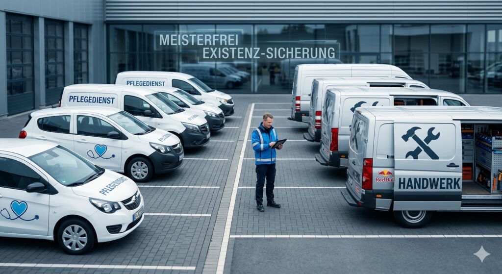 Meisterfreie Existenzsicherung für die Gründung einer Mobilitäts-Manufaktur und B2B-Fuhrpark-Sicherung mit einer Wagenflotte aus Pflegediensten und rollenden Handwerk-Werkstätten vor einem modernen Bürogebäude