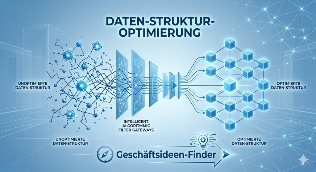Infografik zur Daten-Struktur-Optimierung vom Geschäftsideen-Finder: Ein Prozessdiagramm zeigt die Transformation von ungeordneten, chaotischen Datenknoten auf der linken Seite durch intelligente Filter-Gateways hin zu einer perfekt strukturierten, kristallinen Gitter-Architektur auf der rechten Seite in kühlem Blau.