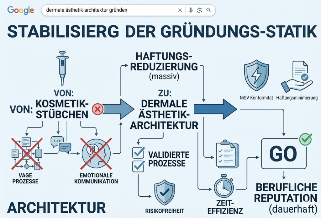Nüchterne Infografik zur Stabilisierung der Gründungs-Statik für Dermale Ästhetik-Architektur, die den Wandel vom Kosmetik-Stübchen zu validierten Prozessen, Haftungsreduzierung und dauerhafter beruflicher Reputation visualisiert.