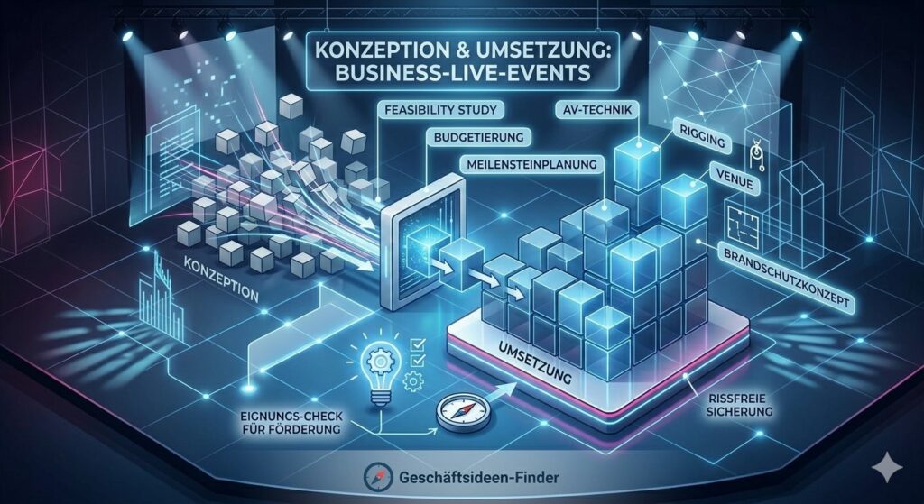 Infografik zur Geschäftsidee für Eventmanagement mit Fokus auf Konzeption, Umsetzung und kaufmännische Statik auf einer Event-Bühne.