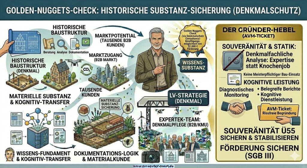 Experte für historische Substanz-Sicherung nutzt den kognitiven Transfer zur Existenzrettung und sichert sich durch Behördenpsychologie die Maximalförderung für seine Gründung im Denkmalschutz.