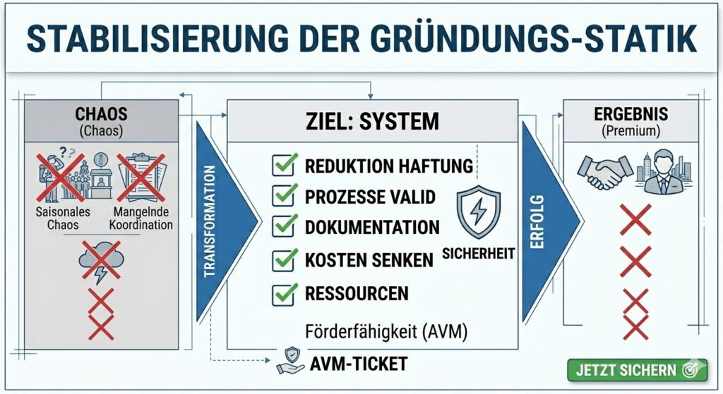 Strategisches Infografik-Schema zur Stabilisierung der Gründungs-Statik im Touristik Destinations-Management mit dem Übergang vom Status Quo über die Transformation zum Premium-Ergebnis und der AVM-Förderfähigkeit.