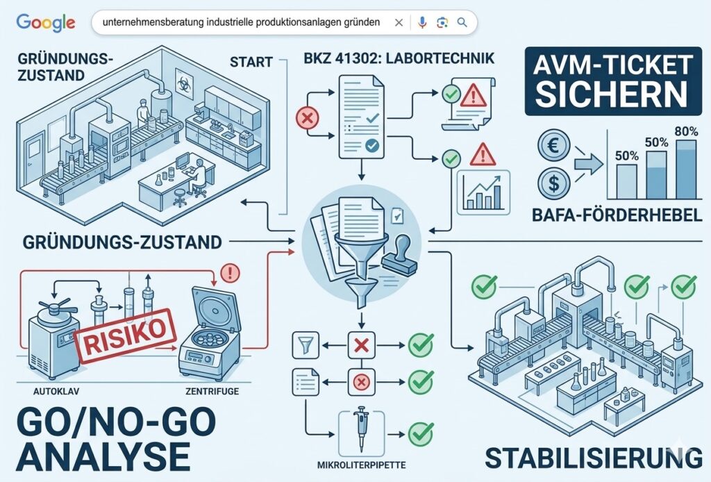 Strikte Go-No-Go-Analyse für die Gründung einer Unternehmensberatung für industrielle Produktionsanlagen und Labortechnik zur prozesssicheren Erlangung des AVM-Tickets.