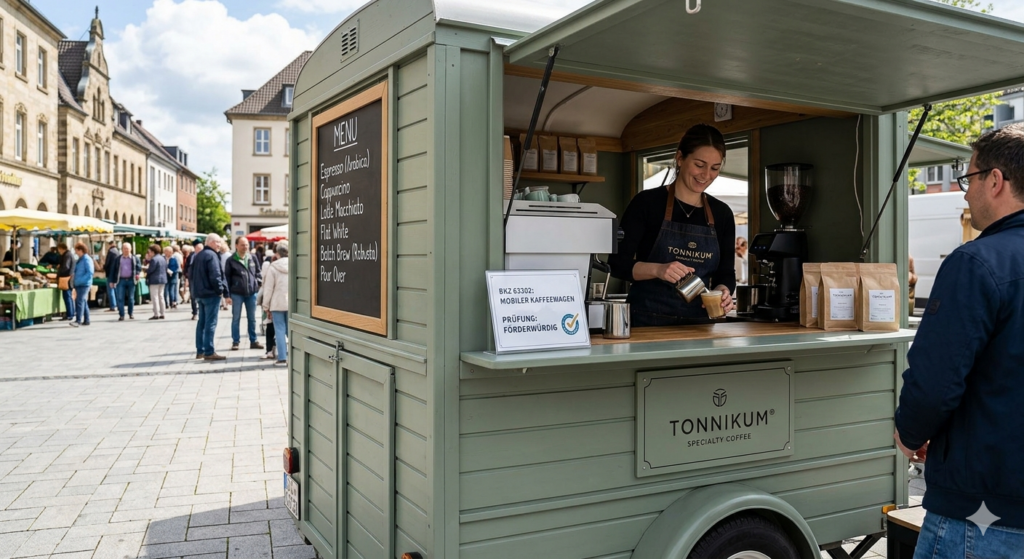 Exklusiver mobiler Kaffeewagen von TONNIKUM auf einem belebten Marktplatz mit einem Aufsteller zur Tragfähigkeitsprüfung nach BKZ 63302 und einer Barista beim Premium-Ausschank.