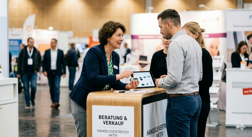 Erfolgreiche Beratungs- und Verkaufssituation für Handelsvertreter auf einer Fachmesse