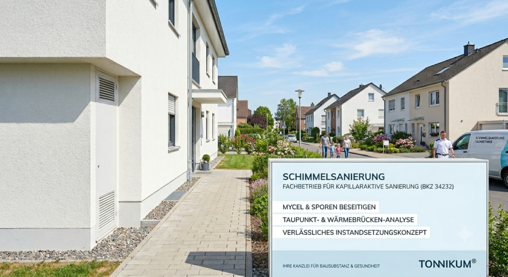 Das Bild zeigt eine moderne Wohnsiedlung in Hamm, Nordrhein-Westfalen, mit einem großen Informationsschild im Vordergrund. Das Schild wirbt für einen Schimmelsanierungs-Fachbetrieb für kapillaraktive Sanierung (BKZ 34232) und listet Dienstleistungen wie die Beseitigung von Mycel & Sporen, Taupunkt- & Wärmebrücken-Analyse sowie verlässliche Instandsetzungskonzepte auf.