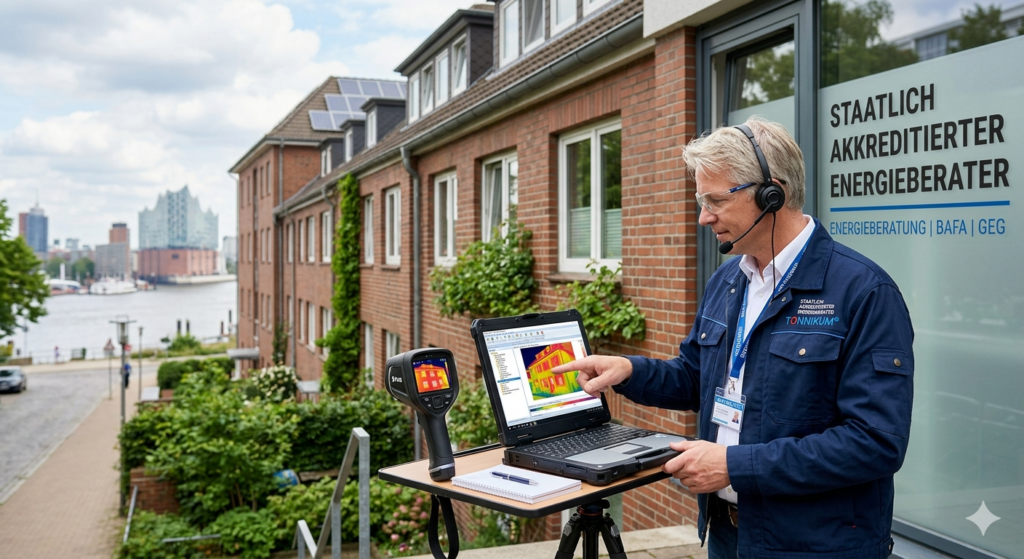 Staatlich akkreditierter Energieberater von TONNIKUM bei der Thermografie-Analyse eines Gebäudes in Hamburg gemäß BAFA und GEG-Richtlinien.